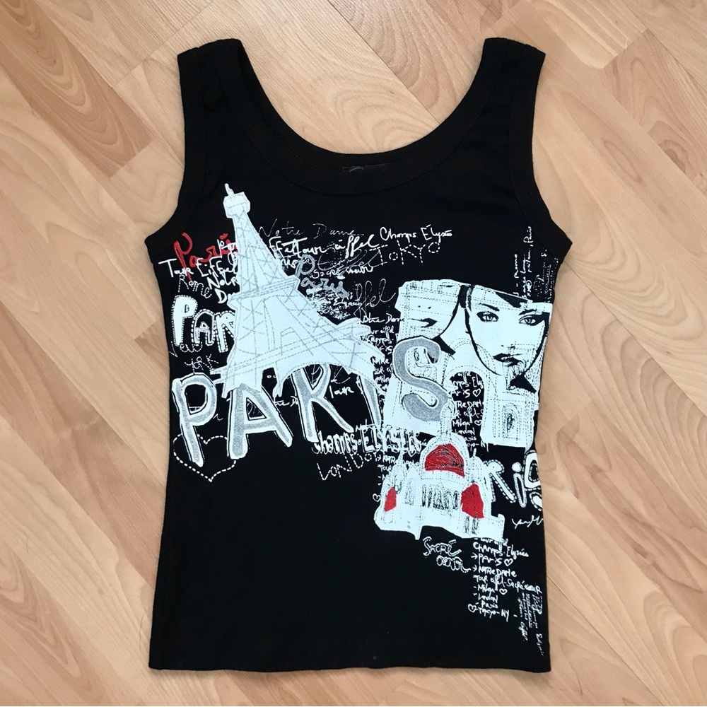 Y2K Vintage Style Black Paris Graphic Baby Tee Tank Top Glitter Small Medium